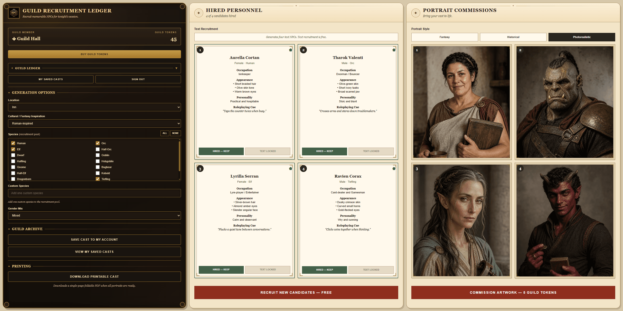 NPC Recruiter showing a Greek-inspired cast of four NPCs and their commissioned portraits